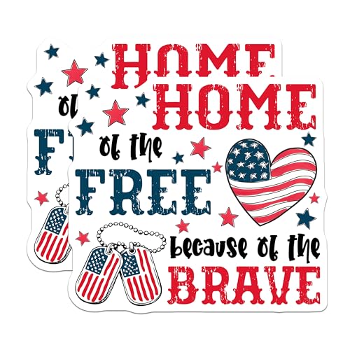 (2 Pack) Patriotic Stickers - Home of The Free - Because of The Brave - 5" On Longest Side - Sticks to Smooth Flat Surfaces - Made in USA - BMCS8360 - USA Dog Tags - American Flag Heart