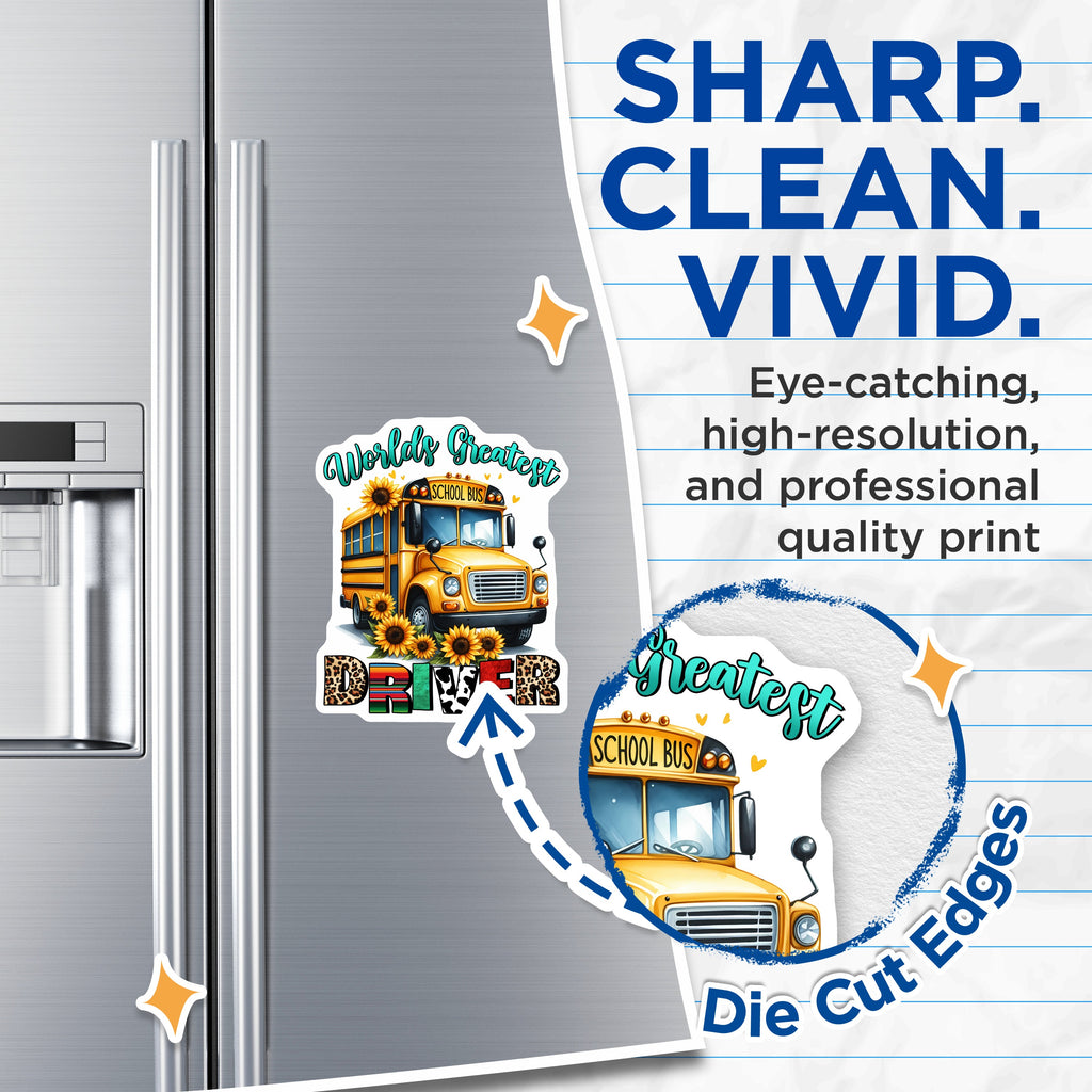 (2 Pack) World's Greatest School Bus Driver Magnets - School Bus Appreciation - Sunflower Leopard Print - Cow Serape Design - 5 Inches On Longest Side - Thick Durable Magnet - Made in USA - MAG36448