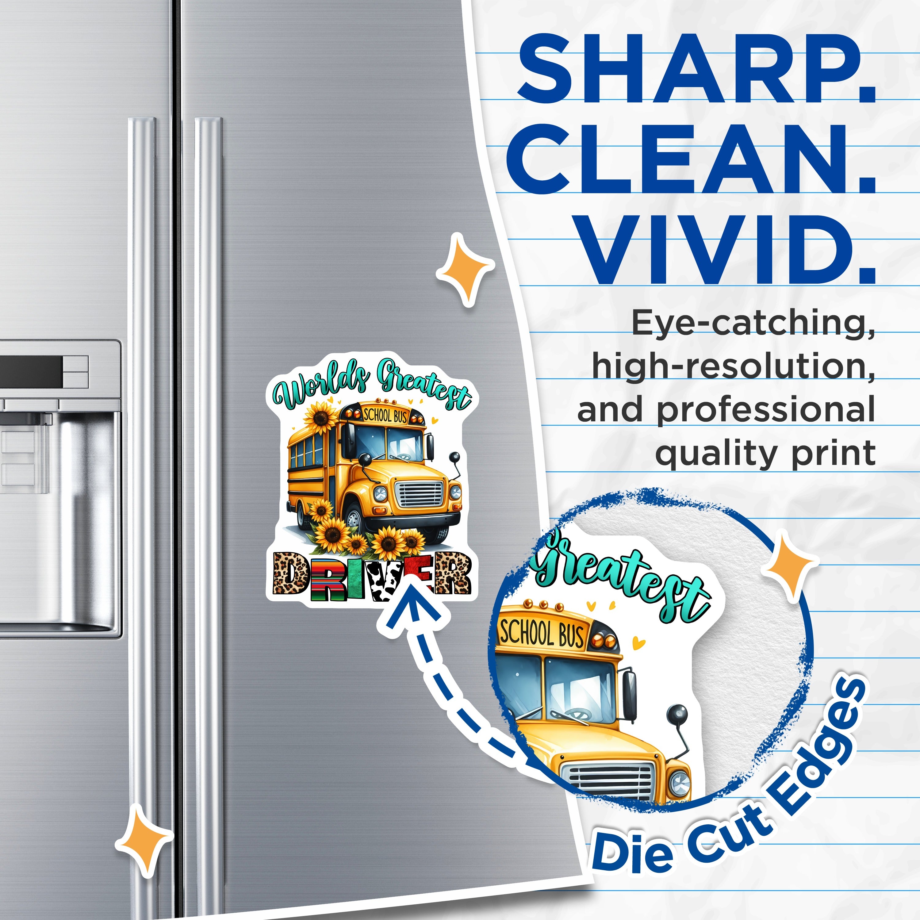 (2 Pack) World's Greatest School Bus Driver Magnets - School Bus Appreciation - Sunflower Leopard Print - Cow Serape Design - 5 Inches On Longest Side - Thick Durable Magnet - Made in USA - MAG36448