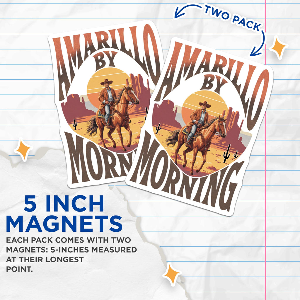 (2 Pack) Amarillo By Morning Magnets - Cowboy Riding Horse Decor - Western Country Music Fan - 5 Inches On Longest Side - Thick Durable Magnet - Made in USA - MAG20867