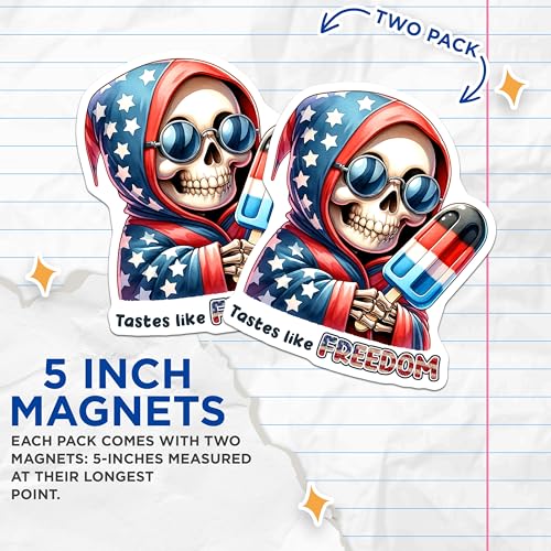 (2 Pack) Patriotic Skull Magnets - Tastes Like Freedom - USA Pride - Popsicle Design - 5" On Longest Side - for Cars, Fridges, Toolboxes - Made in USA - MAG7922
