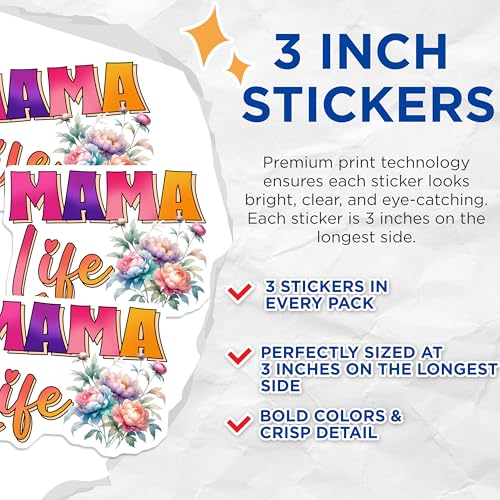 (3 Pack) Mama Life Decals - Floral Mom Laptop Decals - Motherhood Sticker Set - 3 Inches On Longest Side - Easy Peel & Apply - Made in USA - 3MCS6946