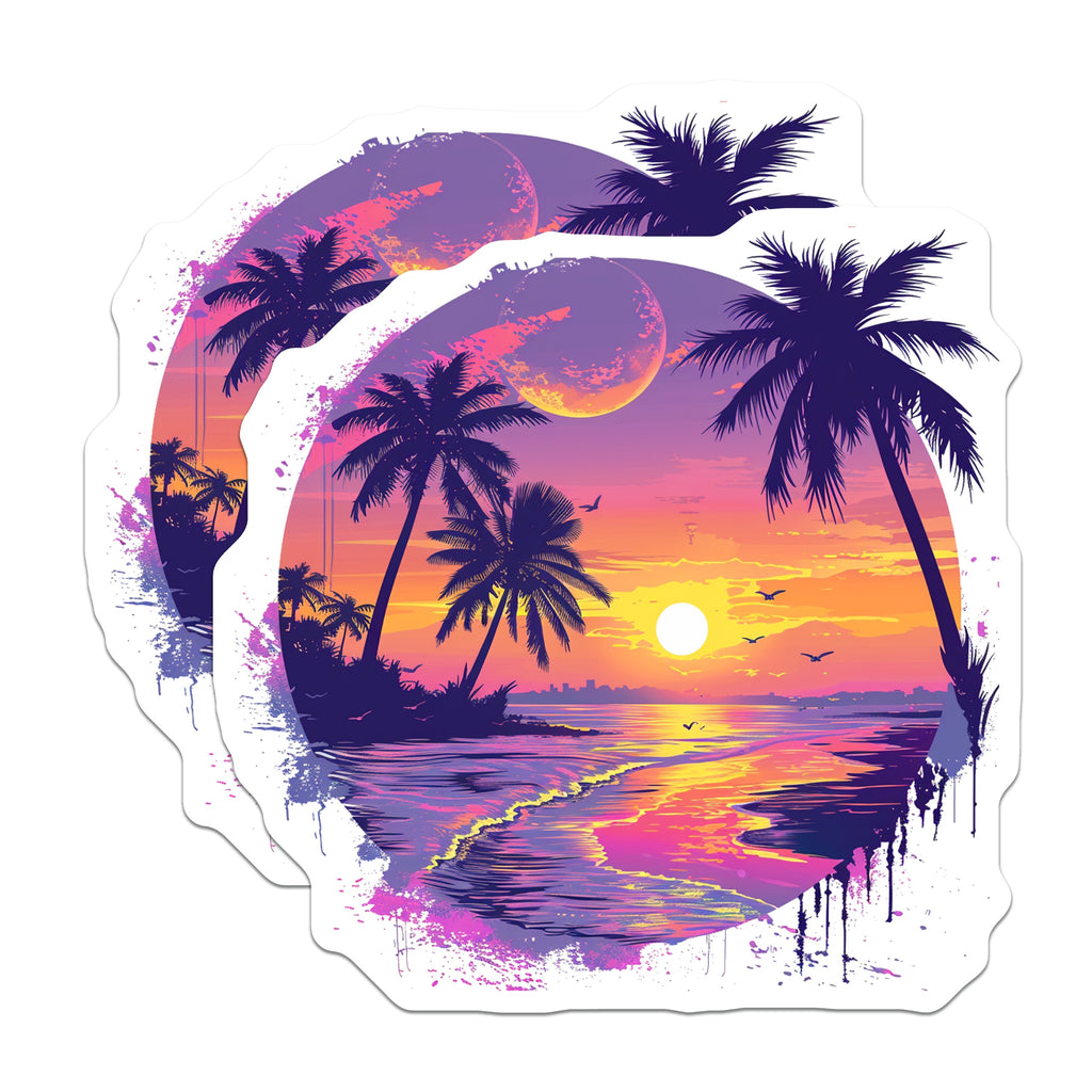 (2 Pack) Synthwave Beach Magnets - Retro Sunset Palm Tree - Vaporwave Ocean Waves Fridge - 5 Inches On Longest Side - Thick Durable Magnet - Made in USA - MAG36511