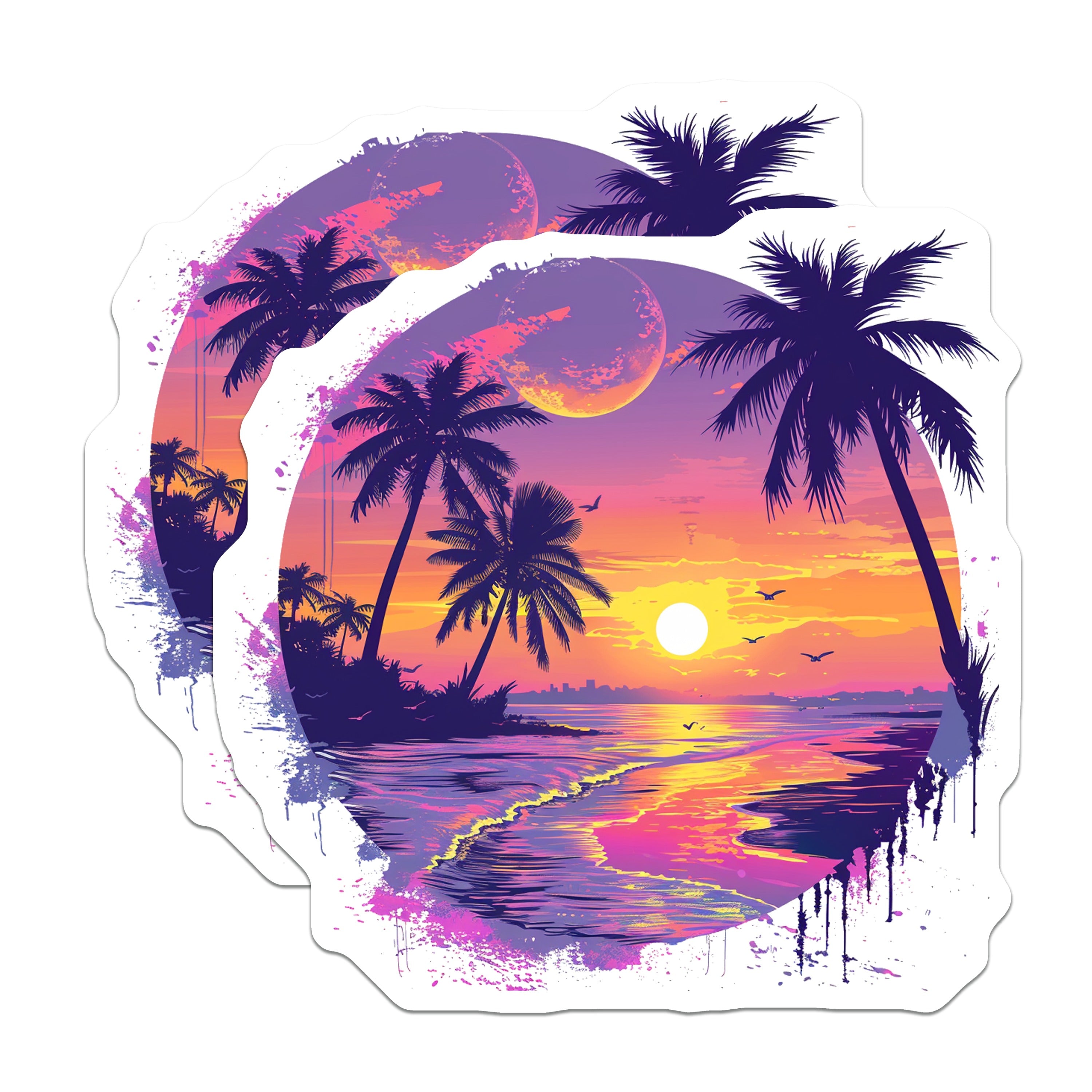 (2 Pack) Synthwave Beach Magnets - Retro Sunset Palm Tree - Vaporwave Ocean Waves Fridge - 5 Inches On Longest Side - Thick Durable Magnet - Made in USA - MAG36511