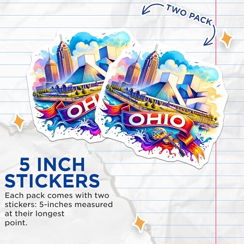 (2 Pack) Ohio Skyline Stickers - Colorful Cityscape - Travel Souvenir - State Pride - Vibrant Art - Landmark Decal - OH - 5" On Longest Side - Sticks to Smooth Flat Surfaces - Made in USA - BMCS6519
