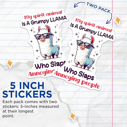 (2 Pack) Grumpy Llama Stickers - Funny Quotes - Animal Stickers - Cute Llama - 5" On Longest Side - Sticks to Smooth Flat Surfaces - Made in USA - BMCS5655