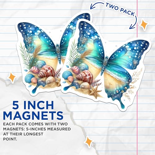 (2 Pack) Butterfly Beach Magnets - Seashell Decor - Summer Ocean Theme - 5" On Longest Side - for Cars, Fridges, Toolboxes - Made in USA - MAG7221