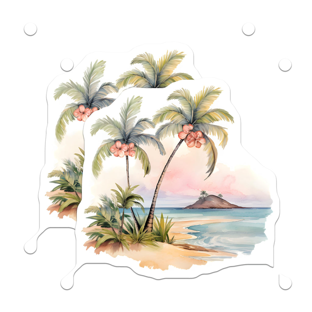 (2 Pack) Tropical Beach Scene Magnets - Watercolor Palm Tree Art - Ocean Island Landscape Decor - 5 Inches On Longest Side - Thick Durable Magnet - Made in USA - MAG19587