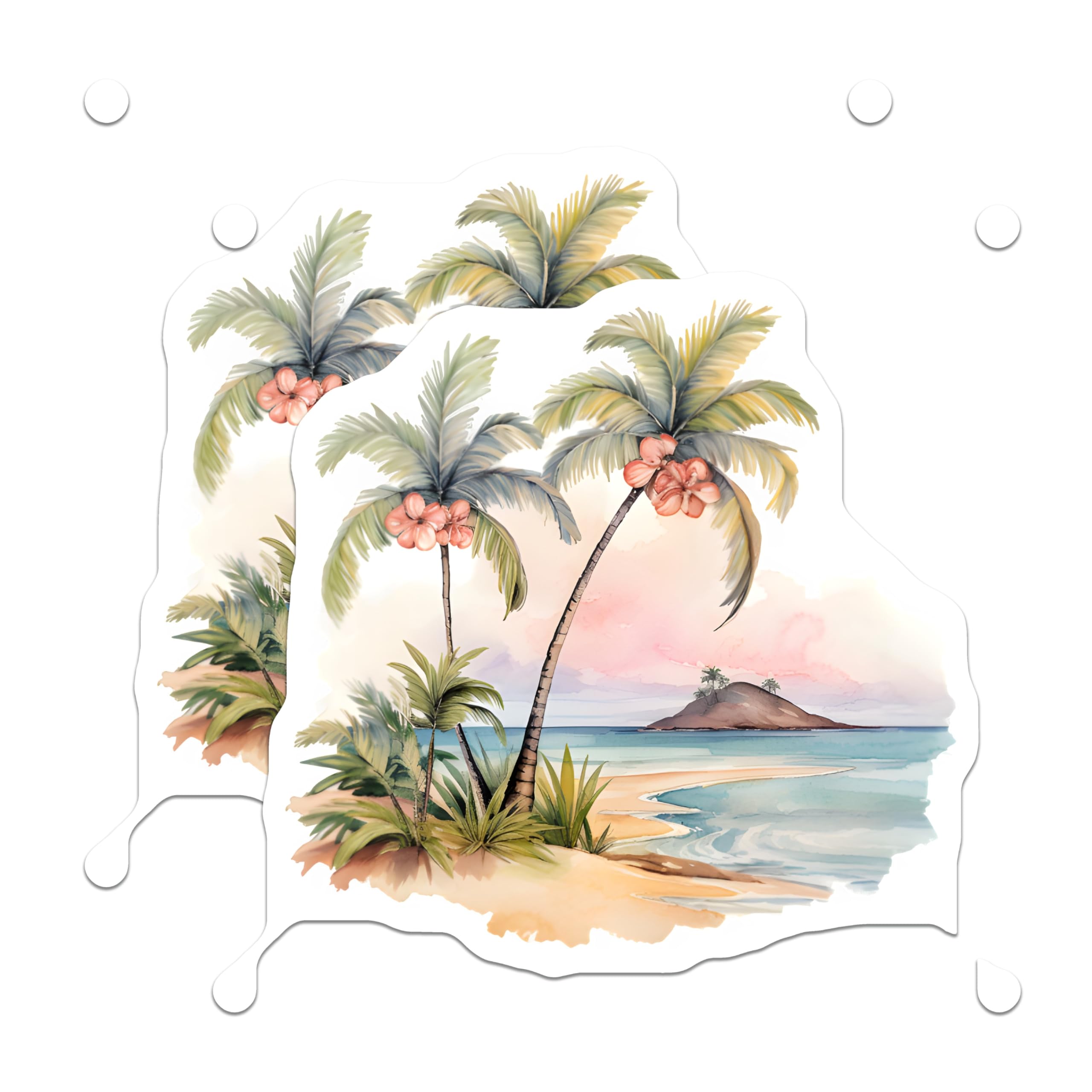 (2 Pack) Tropical Beach Scene Magnets - Watercolor Palm Tree Art - Ocean Island Landscape Decor - 5 Inches On Longest Side - Thick Durable Magnet - Made in USA - MAG19587