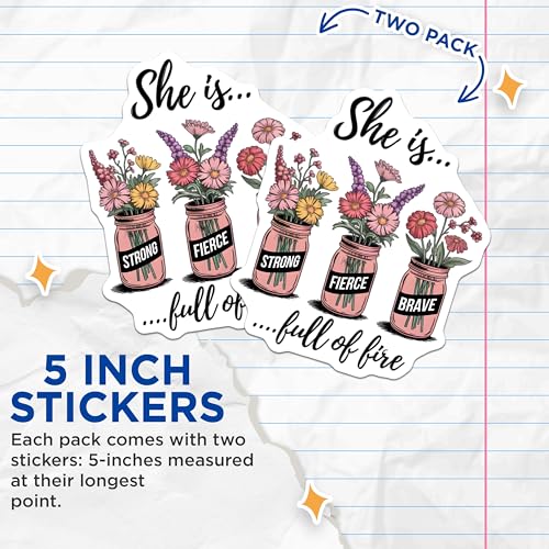 (2 Pack) She is Strong Fierce Brave Stickers - Inspirational Floral Quote - Motivational Waterproof Decal for Laptops - 5" On Longest Side - Sticks to Smooth Flat Surfaces - Made in USA - BMCS6646
