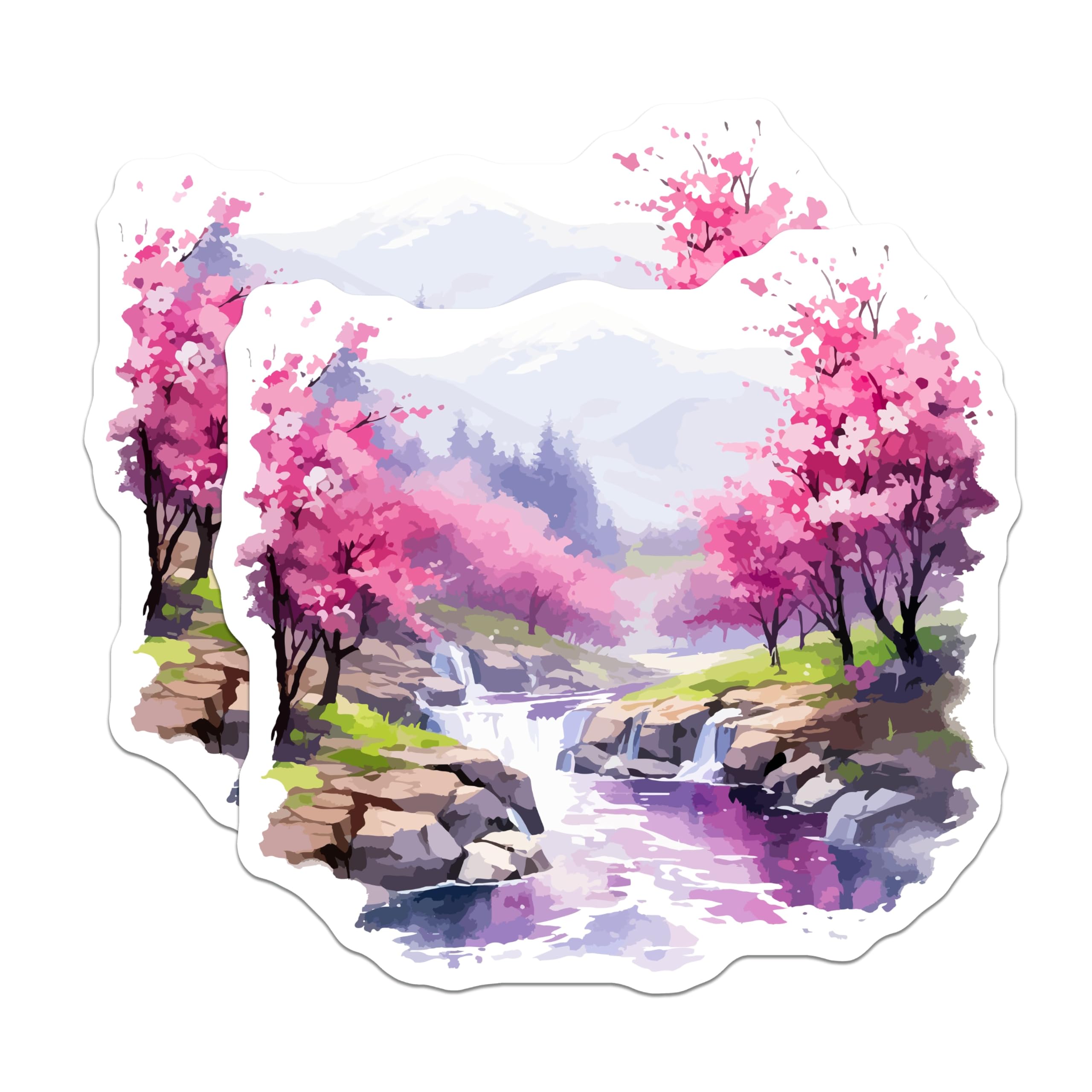 (2 Pack) Cherry Blossom Landscape Magnets - Scenic Waterfall Decor - Tranquil Nature Art - 5 Inches On Longest Side - Thick Durable Magnet - Made in USA - MAG19840