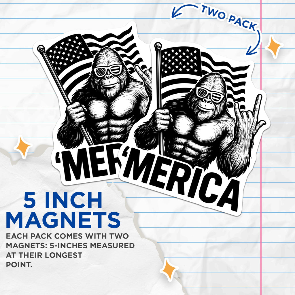 (2 Pack) Merica Bigfoot Magnets - American Flag Gorilla - Patriotic Sasquatch Decor - Funny USA Ape Fridge Magnet - 5 Inches On Longest Side - Thick Durable Magnet - Made in USA - MAG20706