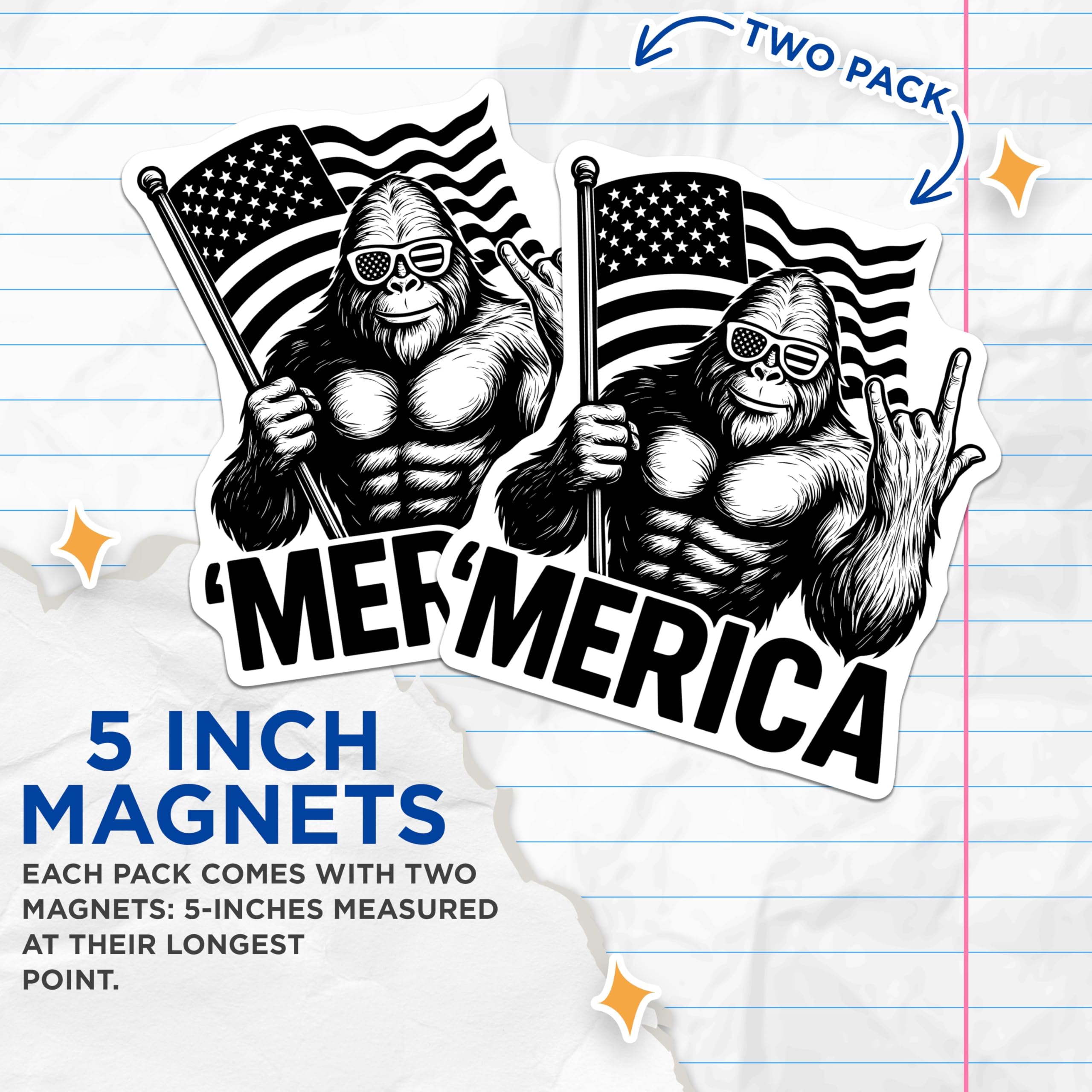 (2 Pack) Merica Bigfoot Magnets - American Flag Gorilla - Patriotic Sasquatch Decor - Funny USA Ape Fridge Magnet - 5 Inches On Longest Side - Thick Durable Magnet - Made in USA - MAG20706