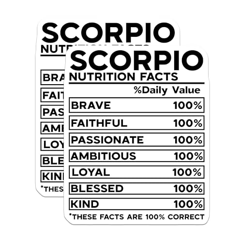 (2 Pack) Scorpio Zodiac Stickers - Nutrition Facts Inspirational Stickers - Astrology Horoscope Stickers - 5" On Longest Side - Sticks to Smooth Flat Surfaces - Made in USA - BMCS5294