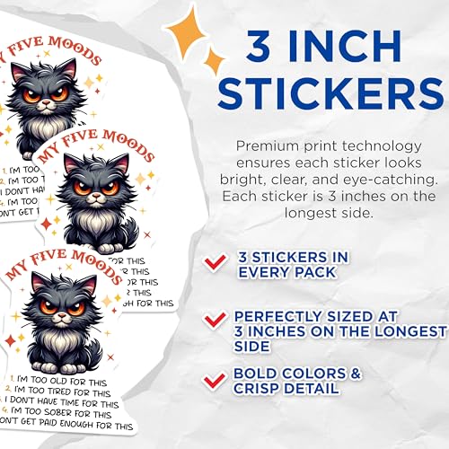 (3 Pack) Funny Cat Moods Decals - Sarcastic Cat - Five Moods Decal - Laptop Decals - 3 Inches On Longest Side - Easy Peel & Apply - Made in USA - 3MCS6103