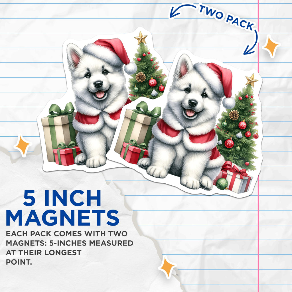 (2 Pack) Christmas Puppy Magnets - Santa Dog Decor - Holiday Pet Accent for Fridge - 5 Inches On Longest Side - Thick Durable Magnet - Made in USA - MAG29778