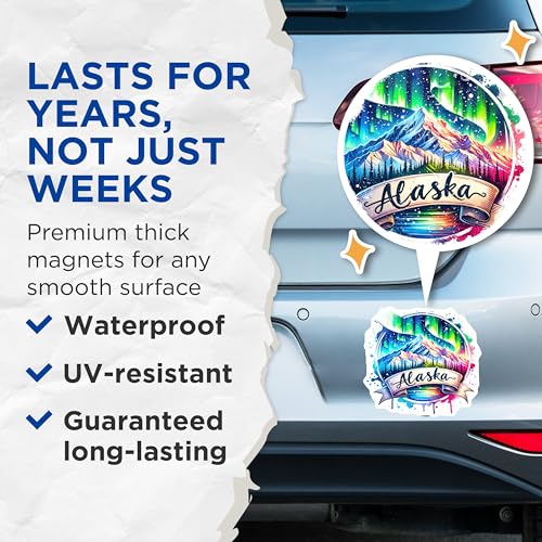 (2 Pack) Alaska Landscape Magnets - Northern Lights Scenery - Vibrant Nature Art Magnets - 5" On Longest Side - for Cars, Fridges, Toolboxes - Made in USA - MAG7269