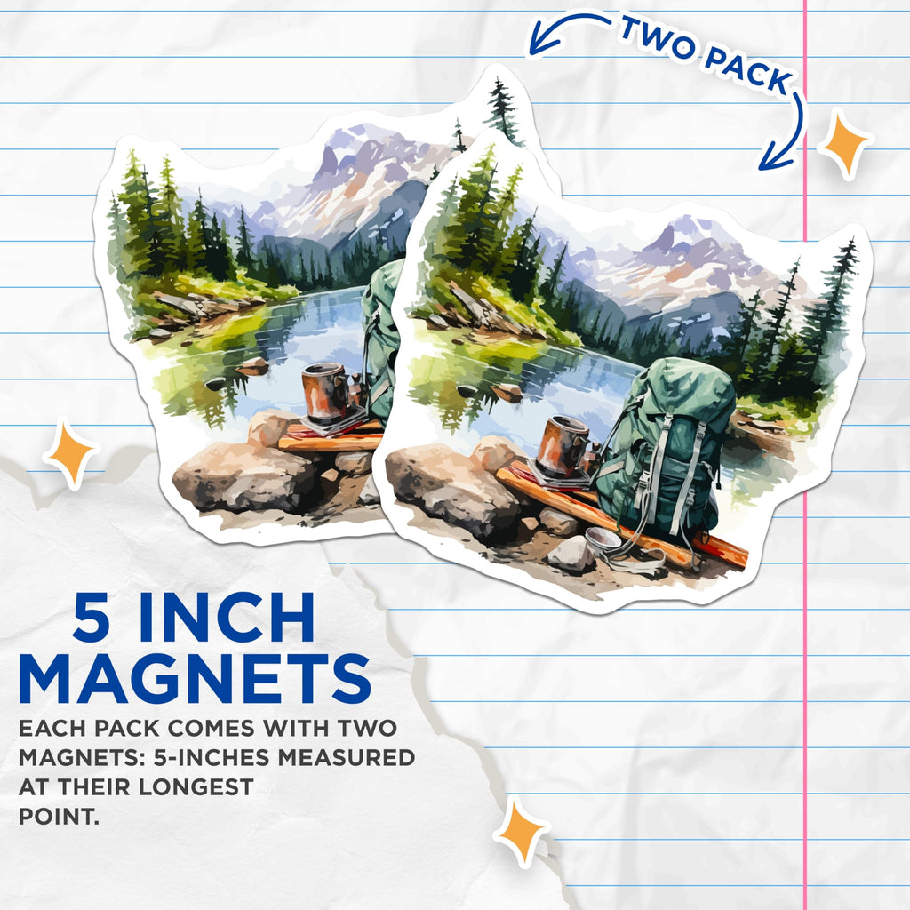 (2 Pack) Wilderness Hiking Magnets - Majestic Mountain Lake Landscape - Backpacking Adventure Camping Decor - 5 Inches On Longest Side - Thick Durable Magnet - Made in USA - MAG19802
