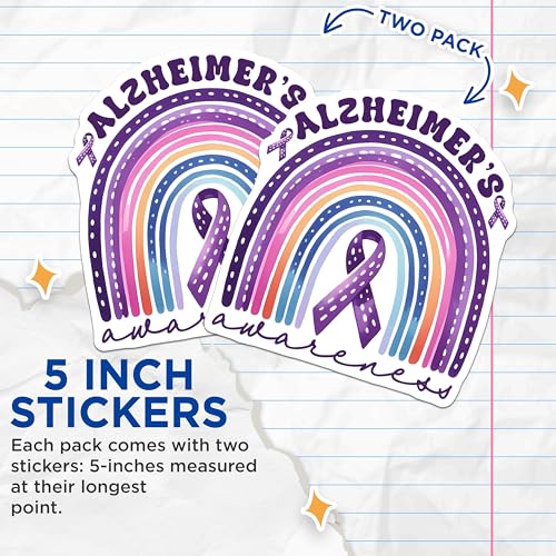 (2 Pack) Alzheimer's Awareness Stickers - Purple Ribbon - Support Awareness Decals - 5" On Longest Side - Sticks to Smooth Flat Surfaces - Made in USA - BMCS9794