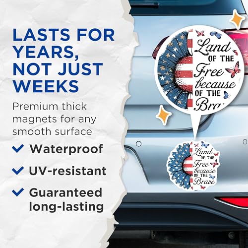 (2 Pack) Land of The Free Magnets Magnets - Independence Day Decor - 5" On Longest Side - Made in USA - Sticks to Refrigerators & Metal Surfaces - MAG8356