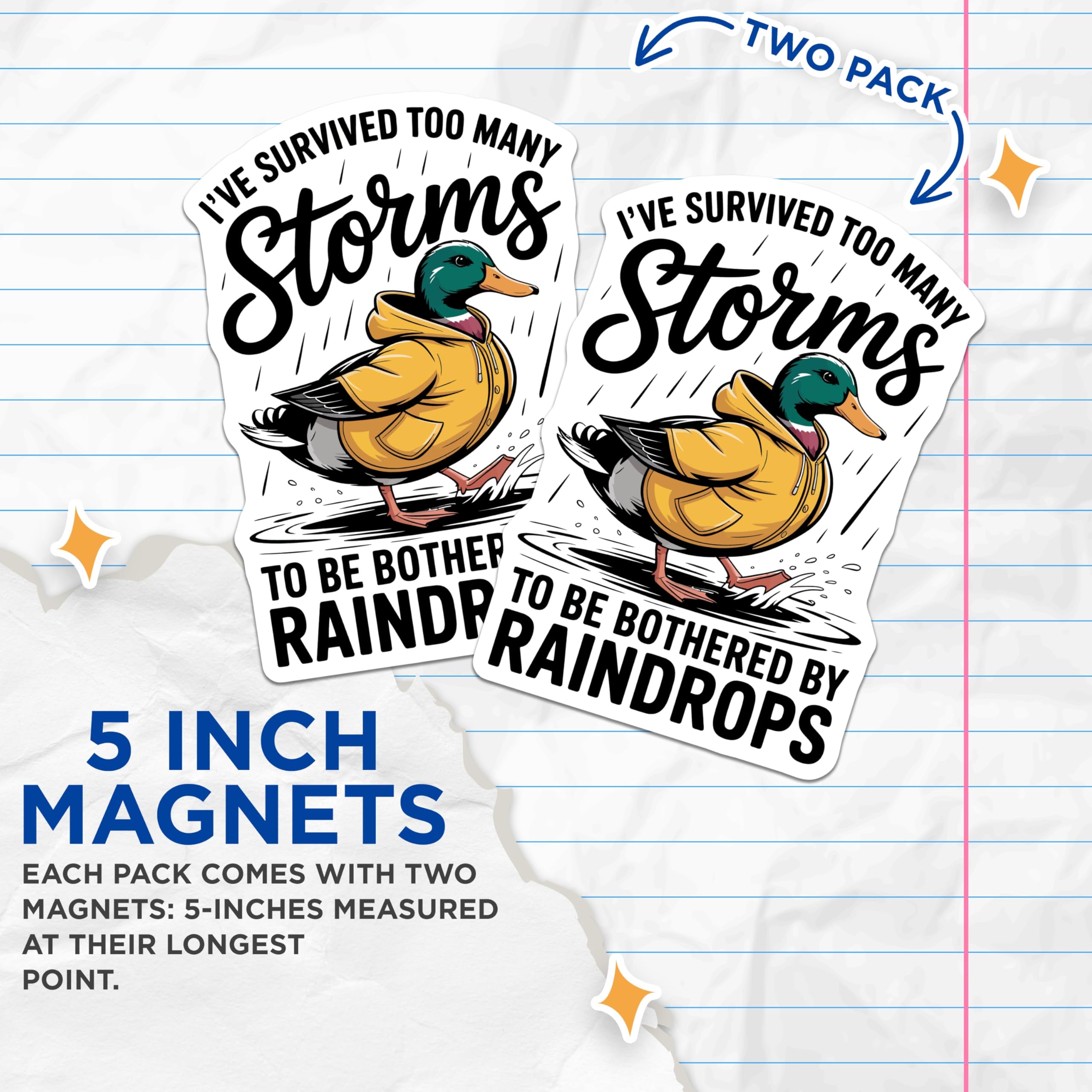 (2 Pack) Duck Raincoat Magnets - Storm Survivor Quote Art - Resilient Mallard Decor - Funny Animal Fridge Magnets - 5 Inches On Longest Side - Thick Durable Magnet - Made in USA - MAG22471