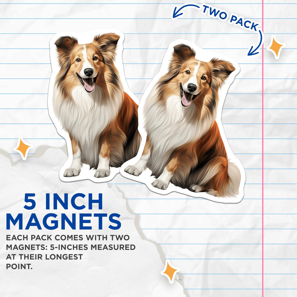 (2 Pack) Sheltie Dog Magnets - Smiling Shetland Sheepdog Art - Beloved Canine Companion Refrigerator Display - 5 Inches On Longest Side - Thick Durable Magnet - Made in USA - MAG23655