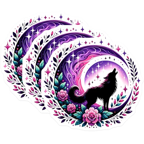 (3 Pack) Wolf Howling Decals - Floral Crescent Moon - Laptop Decals - 3 Inches On Longest Side - Easy Peel & Apply - Made in USA - 3MCS6832