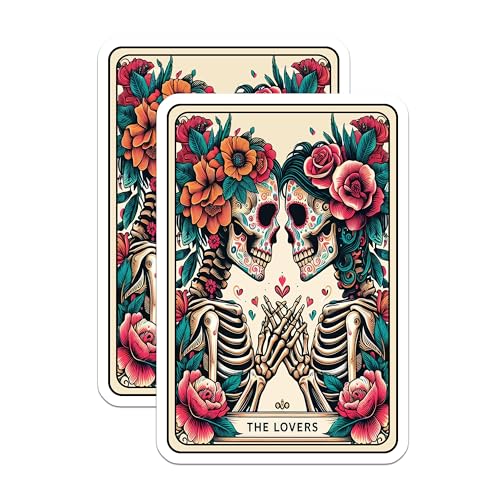 (2 Pack) The Lovers Stickers - Skull Lovers Art Stickers - Botanical Skeleton Couple Decals - 5" On Longest Side - Sticks to Smooth Flat Surfaces - Made in USA - BMCS4677