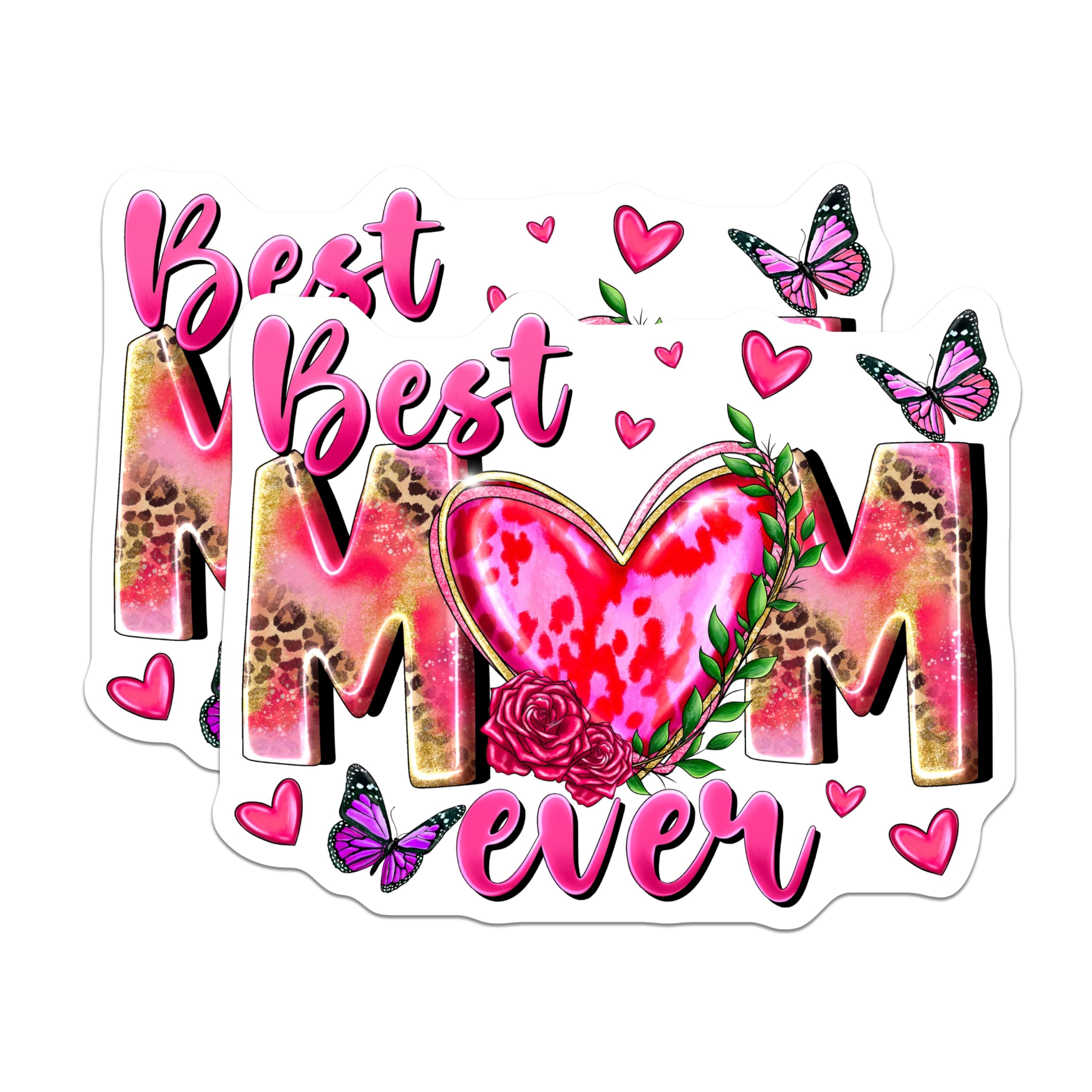 (2 Pack) Best Mom Ever Magnets - Mother's Day Decor - Pink Leopard Hearts Butterflies - 5 Inches On Longest Side - Thick Durable Magnet - Made in USA - MAG24622