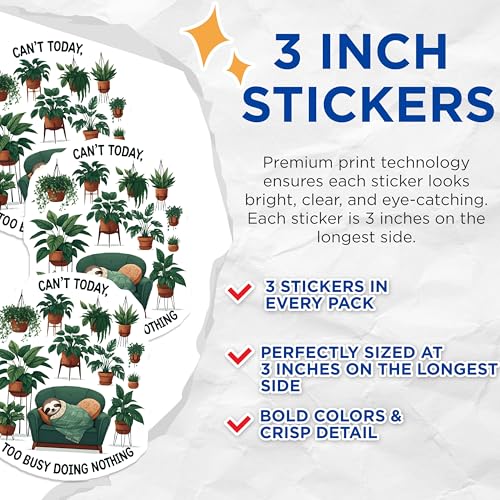 (3 Pack) Sloth Plant Decals - Funny Lazy Sloth - Indoor Plant Decals - 3 Inches On Longest Side - Easy Peel & Apply - Made in USA - 3MCS2732