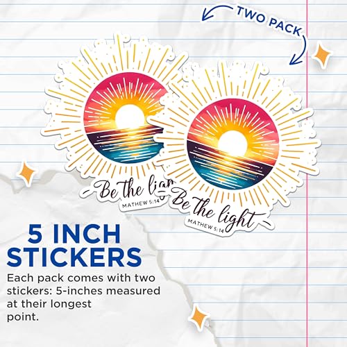 (2 Pack) Be The Light Stickers - Inspirational Sun Quotes Stickers - Bible Verse Stickers - 5" On Longest Side - Sticks to Any Smooth Flat Surface - Made in USA - BMCS2842