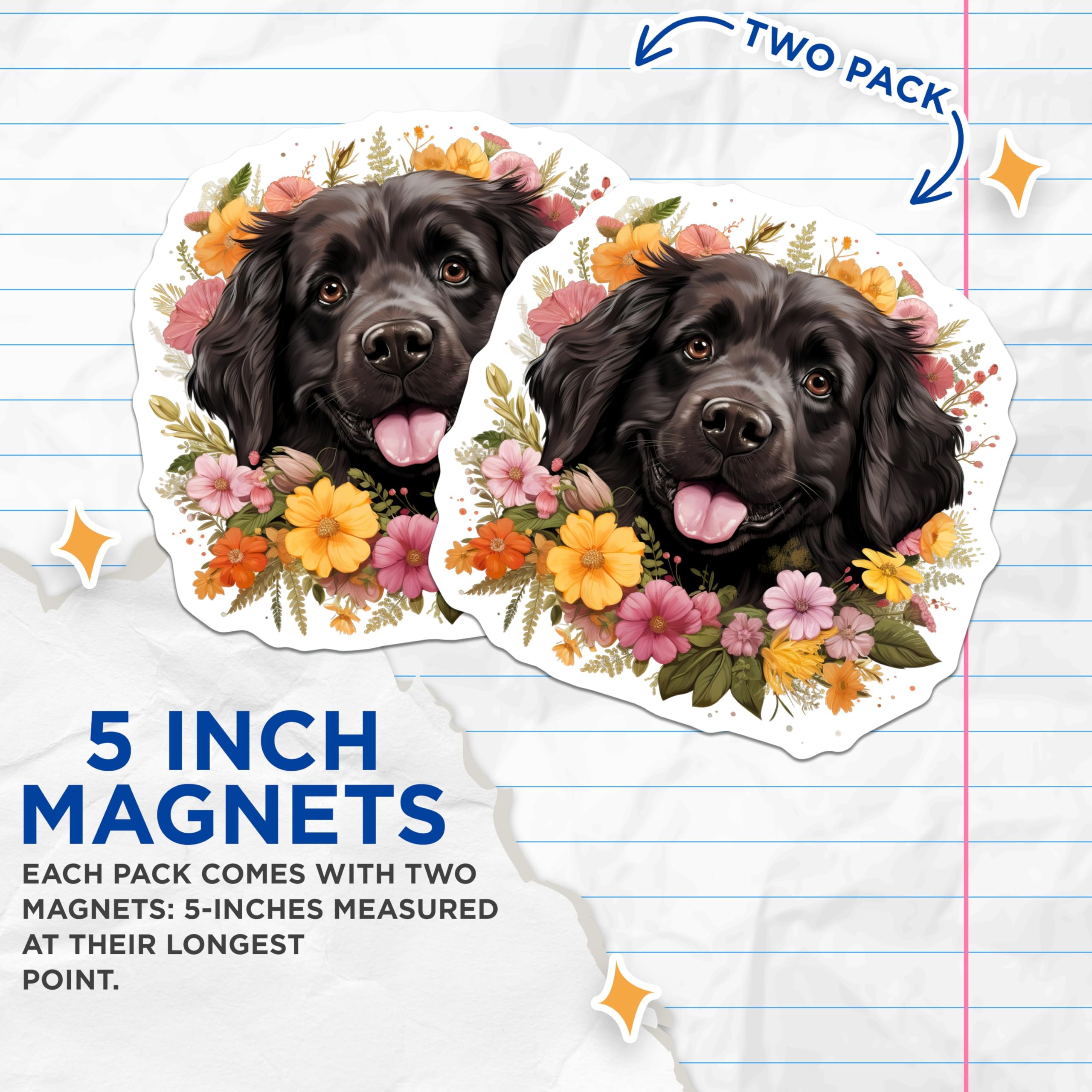 (2 Pack) Black Dog Floral Magnets - Newfoundland Dog Decor - Pet Lover Accessory - 5 Inches On Longest Side - Thick Durable Magnet - Made in USA - MAG25664