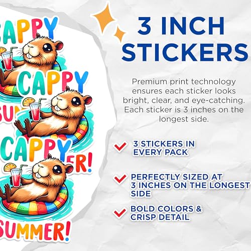 (3 Pack) Capybara Summer Decals - Cute Animal - Laptop Sticker - 3 Inches On Longest Side - Easy Peel & Apply - Made in USA - 3MCS1491