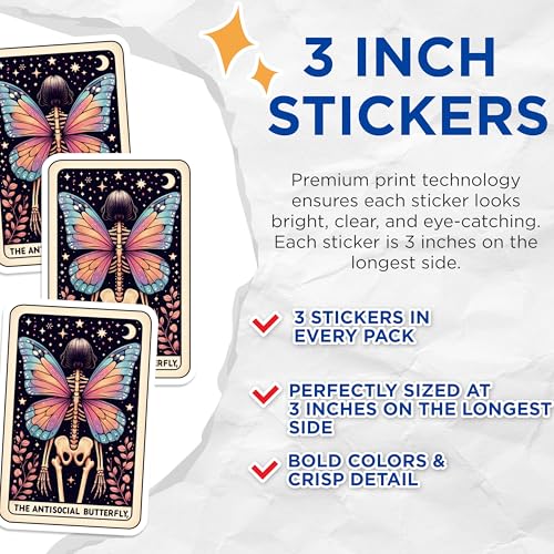 (3 Pack) Antisocial Butterfly Decals - Tarot Card Sticker - Skeleton Laptop Decal - 3 Inches On Longest Side - Easy Peel & Apply - Made in USA - 3MCS4113