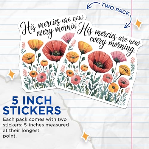 (2 Pack) Inspirational Floral Stickers - His Mercies are New Every Morning - Botanical Quote Stickers - 5" On Longest Side - Sticks to Smooth Flat Surfaces - Made in USA - BMCS6962