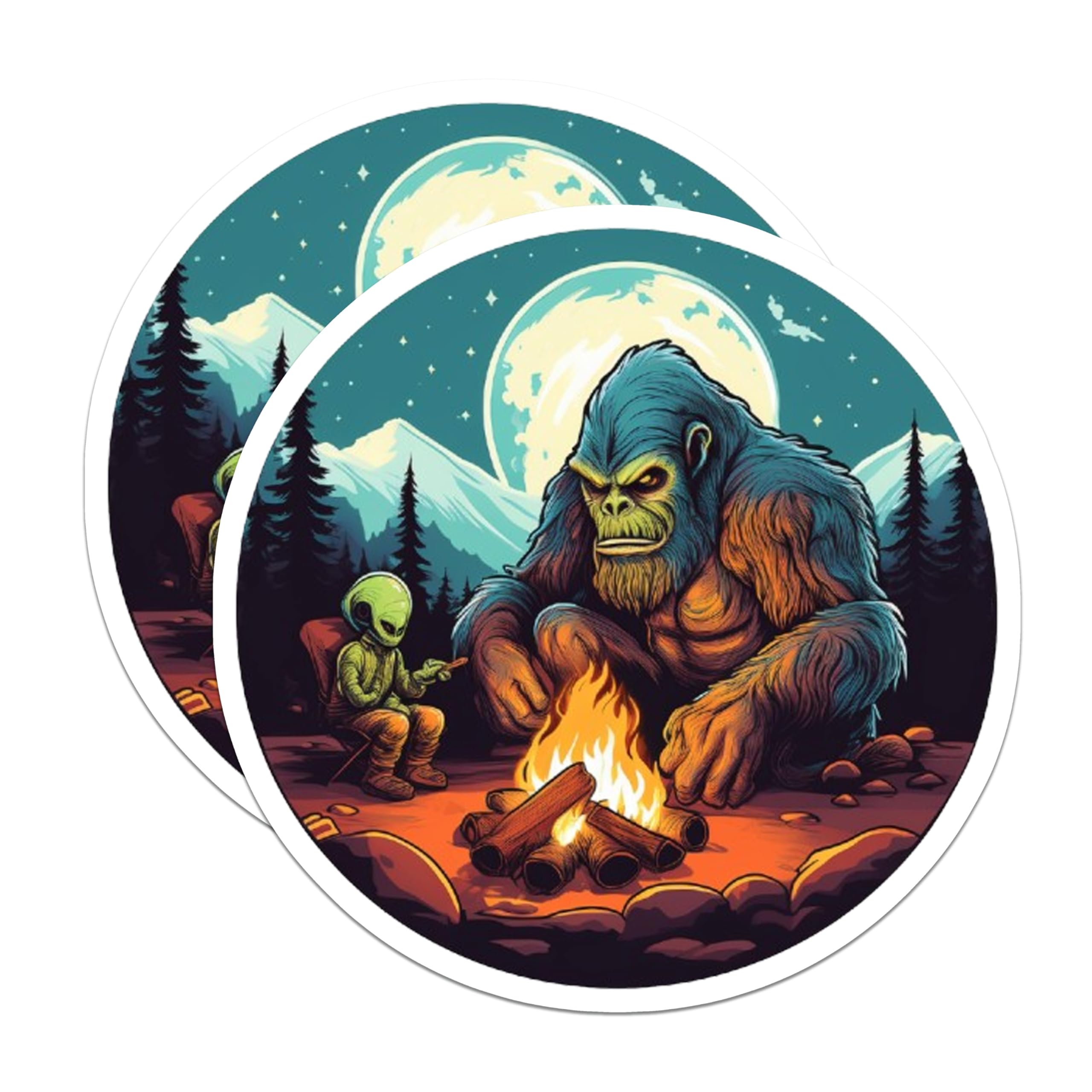 (2 Pack) Bigfoot Alien Magnets - Sasquatch Extraterrestrial Campfire - Cryptid UFO Forest Scene Decor - 5 Inches On Longest Side - Thick Durable Magnet - Made in USA - MAG22076