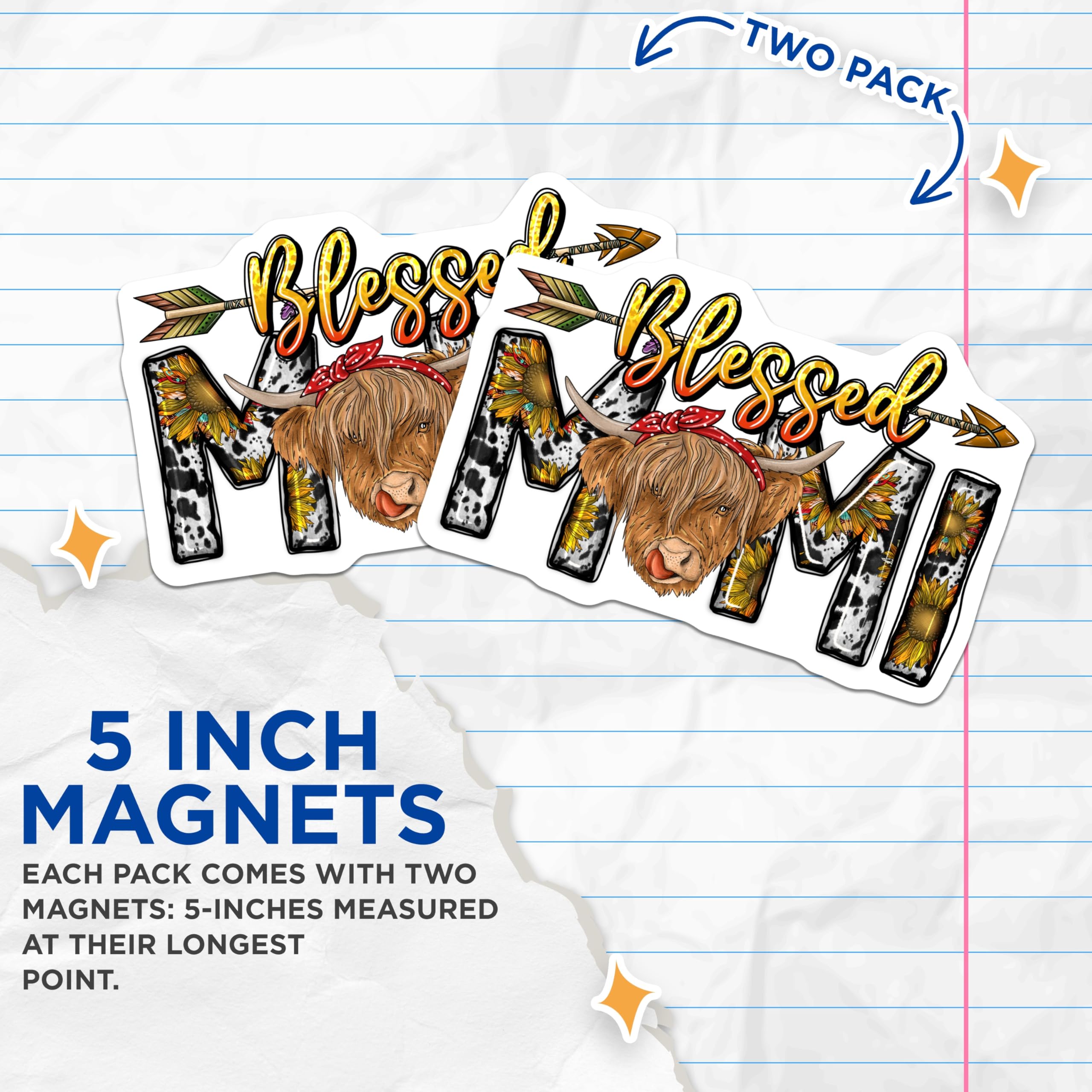 (2 Pack) Blessed Mimi Highland Cow Magnets - Sunflower Cow Print - Boho Arrows Grandma Decor - 5 Inches On Longest Side - Thick Durable Magnet - Made in USA - MAG24471