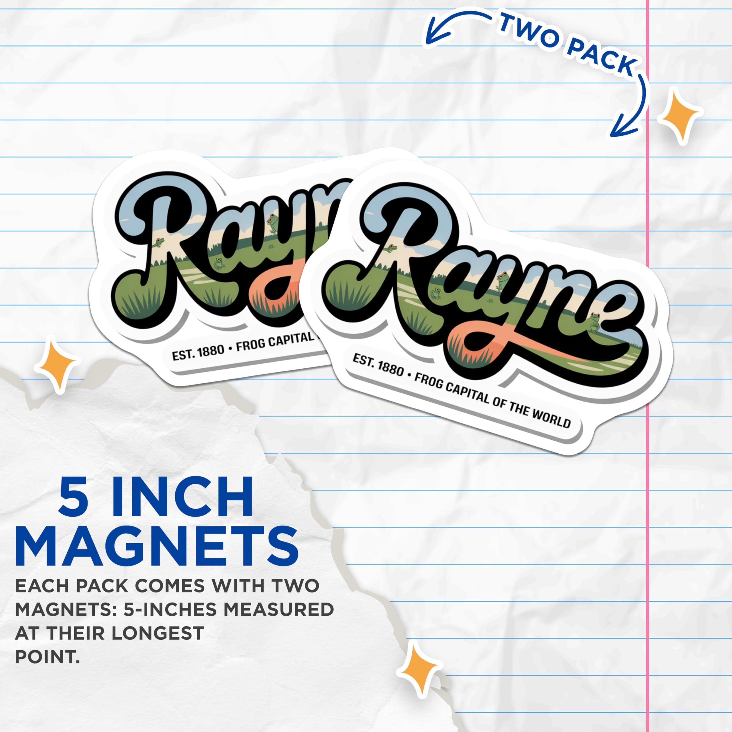 (2 Pack) Rayne Louisiana Magnets - Frog Capital - City Souvenir Fridge Decor - 5" On Longest Side - Premium Magnet - for Cars, Refrigerators, Toolboxes, Lockers - Made in USA - MAG17418
