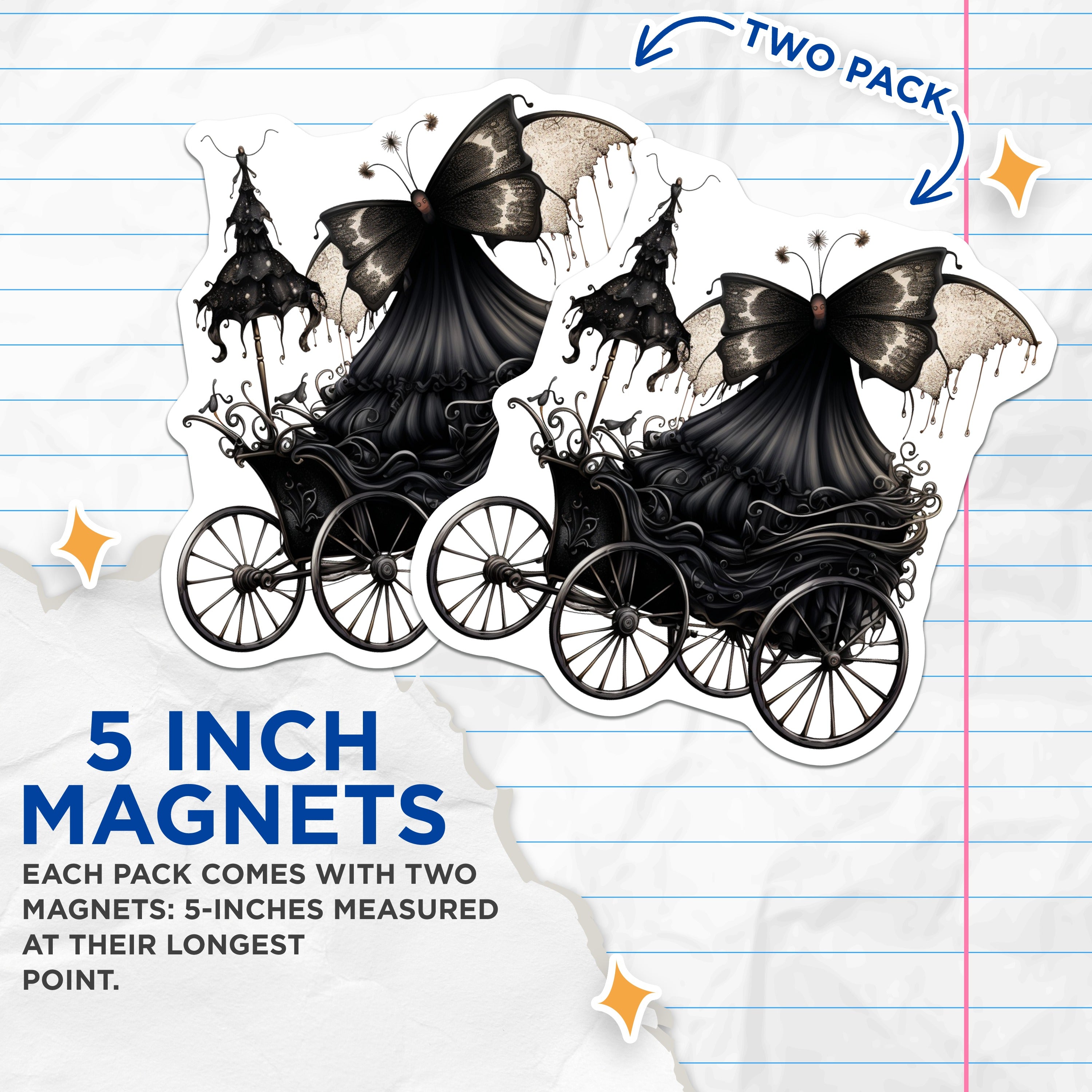 (2 Pack) Gothic Carriage Magnets - Dark Fantasy Decor - Butterfly Fairy Art - 5 Inches On Longest Side - Thick Durable Magnet - Made in USA - MAG39633