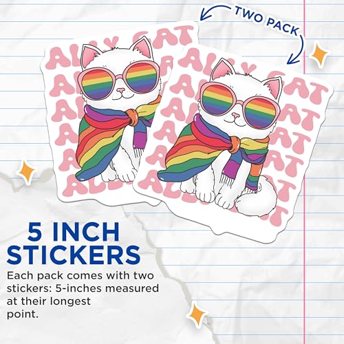 (2 Pack) Ally Cat Stickers - LGBTQ Pride Cat - Rainbow Cat Stickers - 5" On Longest Side - Sticks to Smooth Flat Surfaces - Made in USA - BMCS6839
