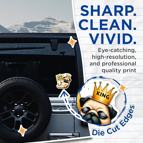 (2 Pack) Pug Nap Hour King Stickers - Cute Dog Stickers - Funny Pet Art Decals - 5" On Longest Side - Sticks to Smooth Flat Surfaces - Made in USA - BMCS9726