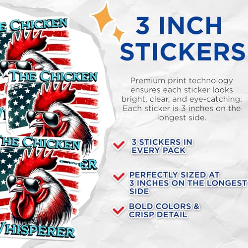 (3 Pack) Chicken Whisperer Decals - Rooster Lover - Funny Farm Animal Decal - 3 Inches On Longest Side - Easy Peel & Apply - Made in USA - 3MCS0967
