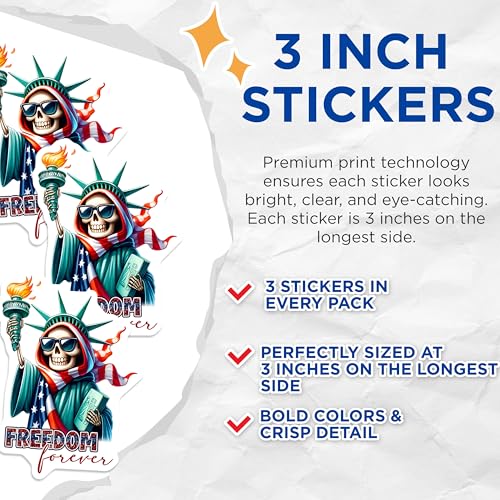 (3 Pack) Statue of Liberty Skeleton Decals - Freedom Forever - Laptop Decals - 3 Inches On Longest Side - Easy Peel & Apply - Made in USA - 3MCS6688