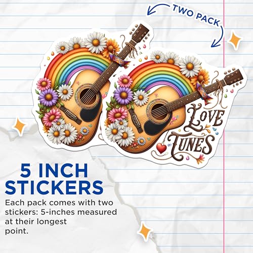(2 Pack) Love Tunes Stickers - Guitar Flower Stickers - Rainbow Music Stickers - 5" On Longest Side - Sticks to Smooth Flat Surfaces - Made in USA - BMCS6145