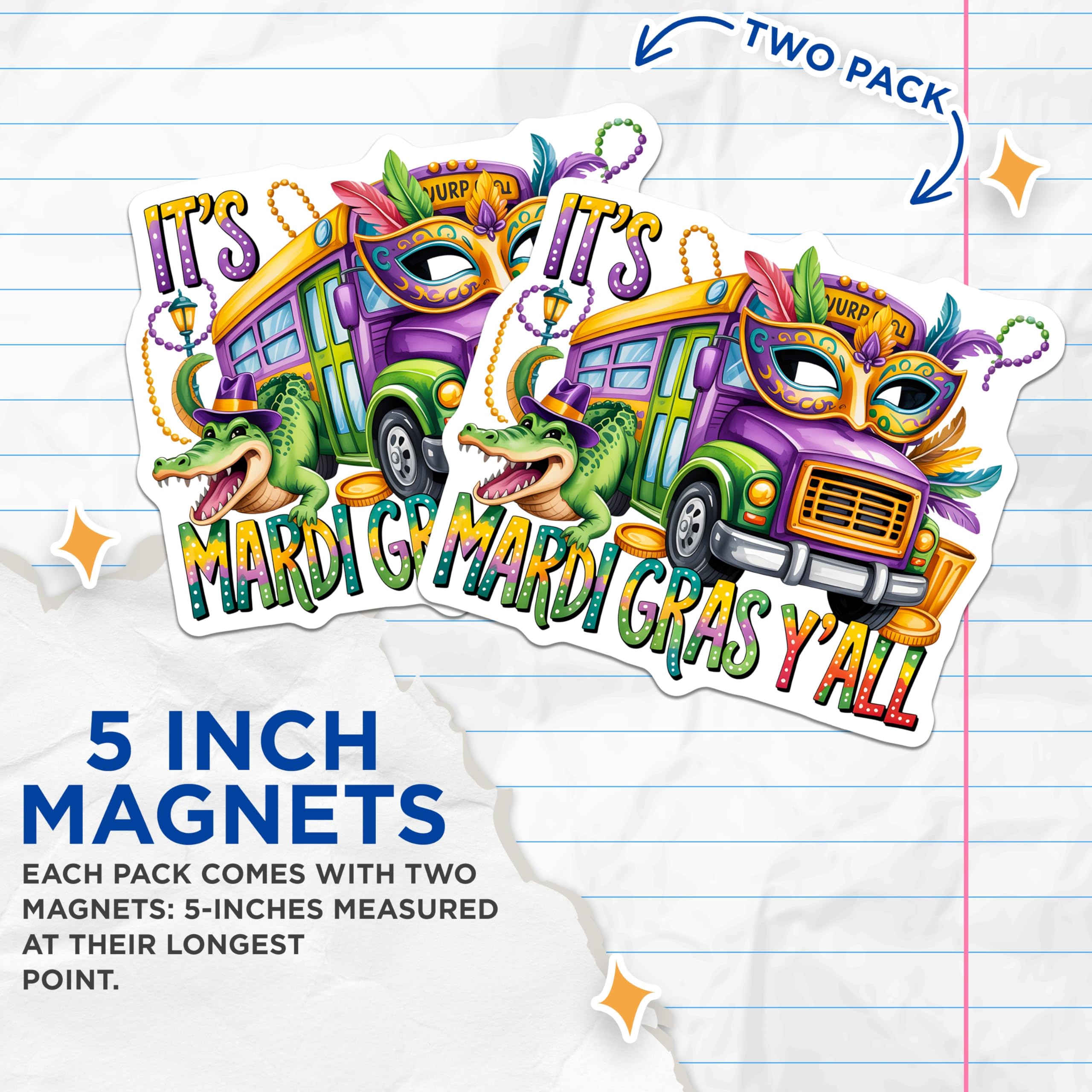 (2 Pack) Mardi Gras Magnets - New Orleans Decor Festival - Fat Tuesday Party Celebration Souvenir - 5 Inches On Longest Side - Thick Durable Magnet - Made in USA - MAG27113