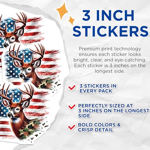 (3 Pack) Deer Hunting Decals - American Flag Decals - Camo Buck Laptop Decal - 3 Inches On Longest Side - Easy Peel & Apply - Made in USA - 3MCS8596