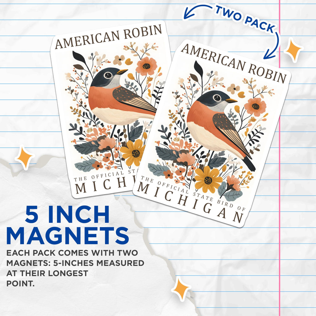 (2 Pack) American Robin Magnets - Michigan State Bird Decor - Floral Bird Art Magnet - 5" On Longest Side - Premium Magnet - for Cars, Refrigerators, Toolboxes, Lockers - Made in USA - MAG18516