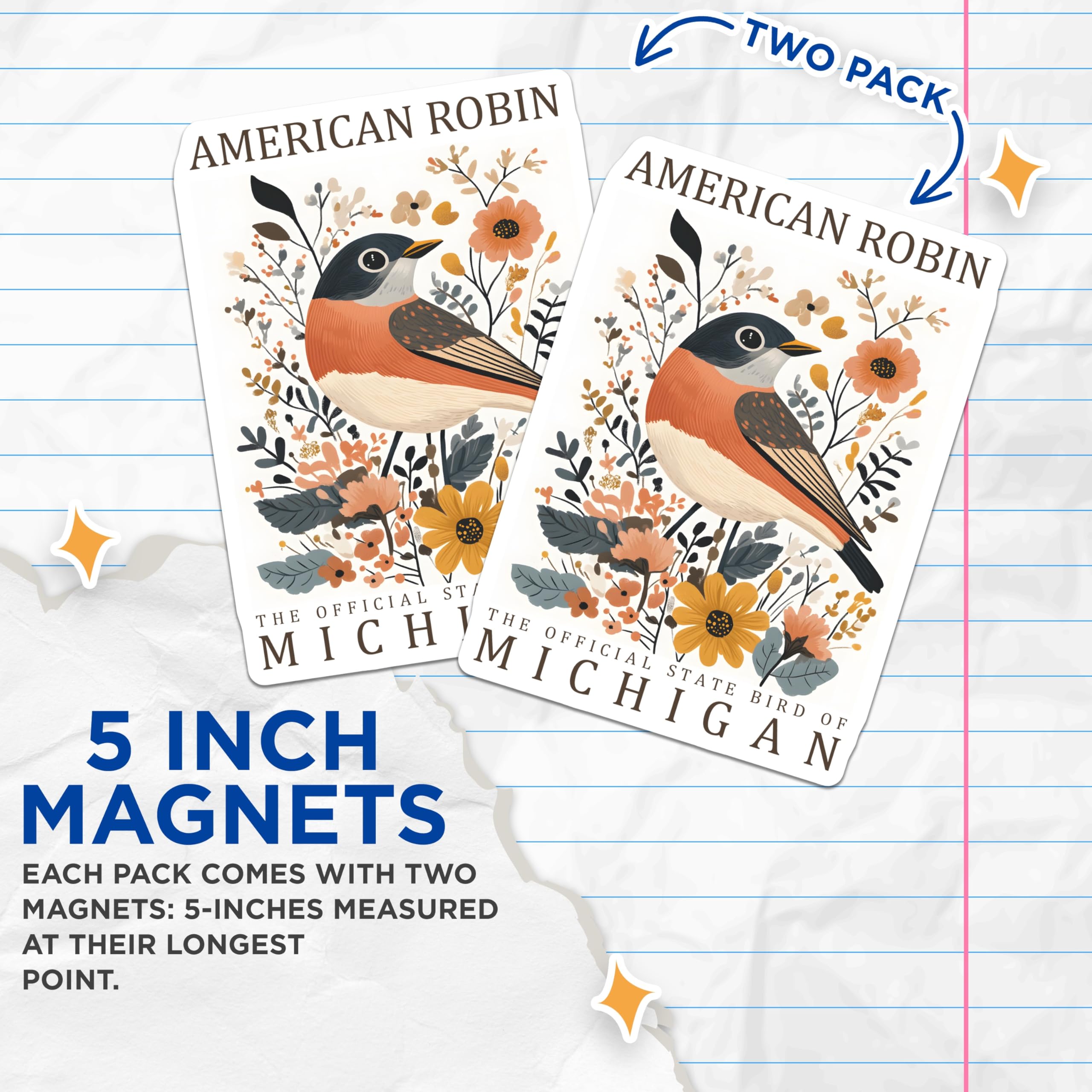 (2 Pack) American Robin Magnets - Michigan State Bird Decor - Floral Bird Art Magnet - 5" On Longest Side - Premium Magnet - for Cars, Refrigerators, Toolboxes, Lockers - Made in USA - MAG18516