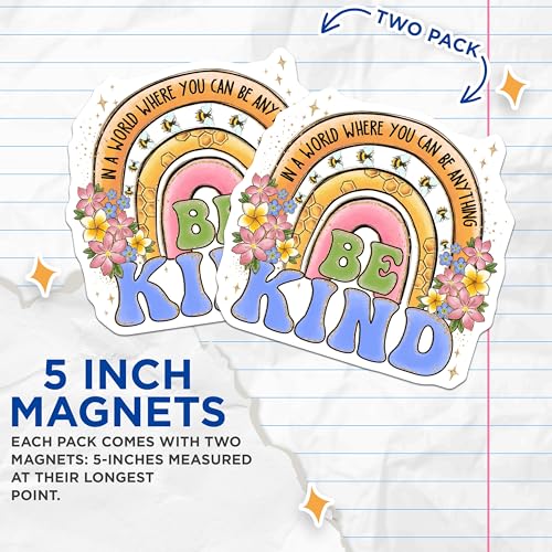 (2 Pack) Be Kind Magnets - Positive Quote - Inspirational - Rainbow Design - Motivational Magnets for Home - 5" On Longest Side - for Cars, Fridges, Toolboxes - Made in USA - MAG4164