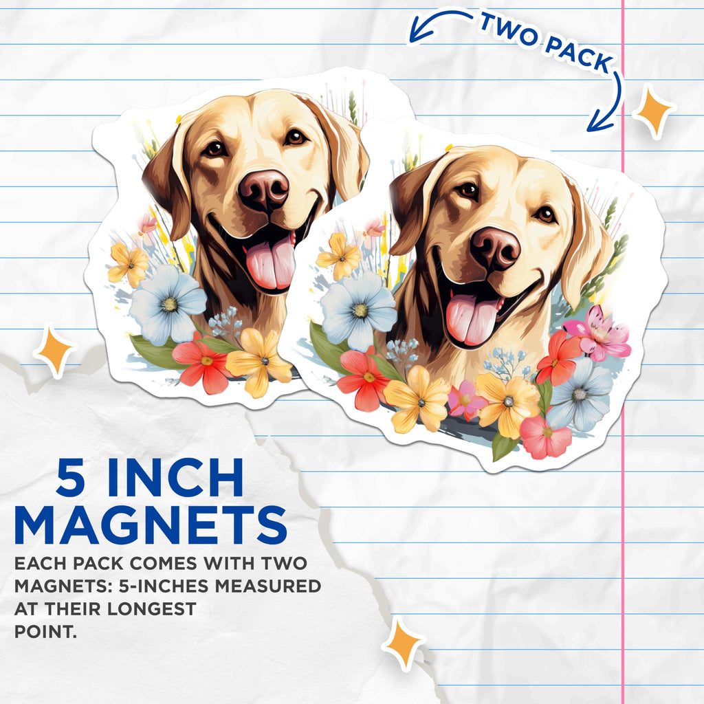 (2 Pack) Labrador Retriever Magnets - Dog Lover Decor - Floral Pet Art Refrigerator - 5 Inches On Longest Side - Thick Durable Magnet - Made in USA - MAG29874